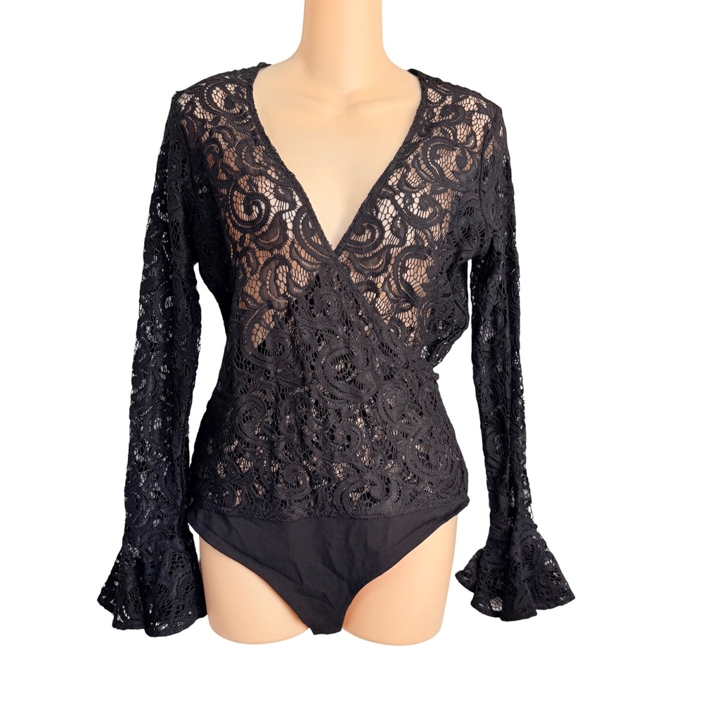Anne Fontaine Nocturne Black Lace V-Neck Bodysuit Bell Sleeve 40 Dark Romantic